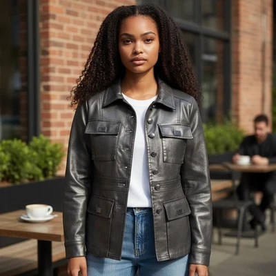 Chaqueta utilitaria de cuero sintético mercado negro de la Casa Blanca botón delantero pequeña Foto 1 de 4