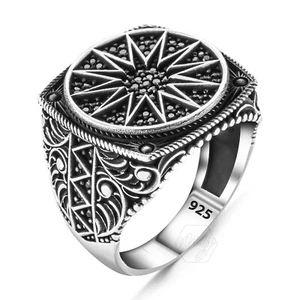 925 Sterling Silver Black Micro Stone North Star Design Men's Ring - Picture 1 of 3