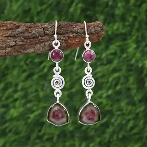 Stunning Watermelon Tourmaline Earrings - Handcrafted with 925 Sterling Silver - Picture 1 of 8