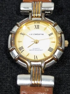 Liz Claiborne White Dial Round Silver Tone Case Brown Leather Band Watch 7.5 In - Picture 1 of 8