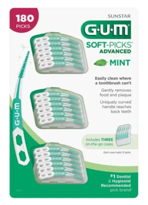 Goma Soft-Picks Advanced Mint, hilo dental para el cuidado, palillos de dientes, 180ct con 3 estuches Foto 1 de 3