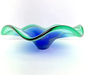 Elegant MURANO ITALY  Handmade Art Glass Wave Ruffle Bowl Cobalt Blue & Green - Picture 1 of 13