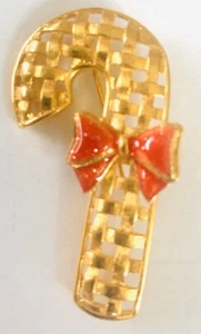 Eisenberg Ice Signed Enameled Vintage New Christmas Tree Candy Cane Gold Brooch - Picture 1 of 2