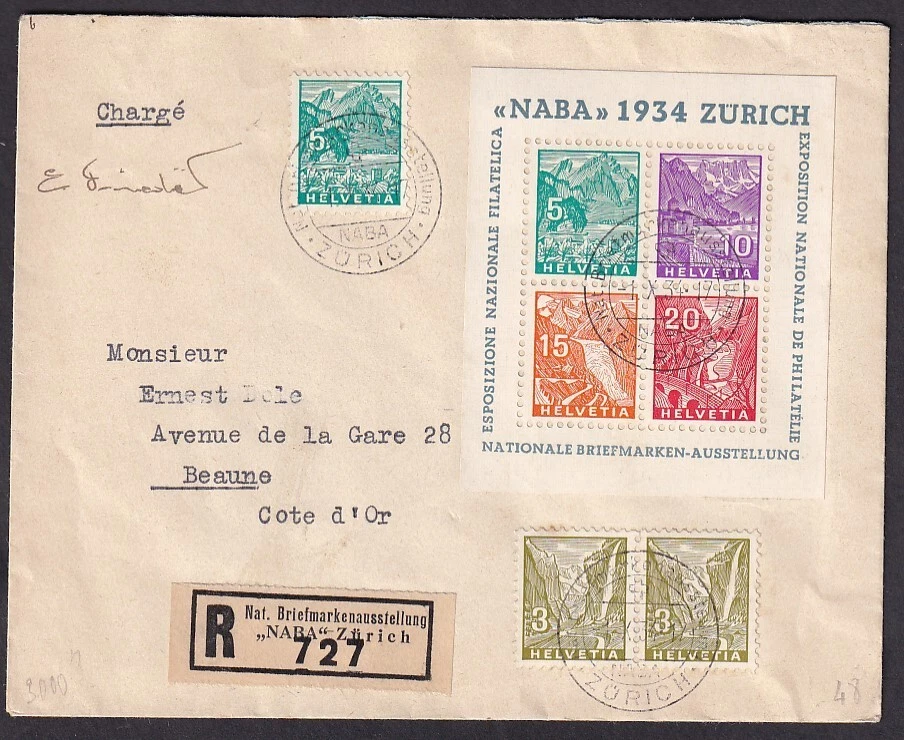 Switzerland 1934 MI Bloc 1 NABA R-cover to Beaune / CAT VALUE $800+ - Image 1 of 2