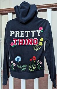 Juicy Couture Y2K Black Label Navy Terry Floral Embroidery Zip Hoodie Small 