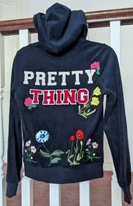 Juicy Couture Black Label Blue Terry Floral Patch Embroidery Zip Hoodie Small - Picture 1 of 8