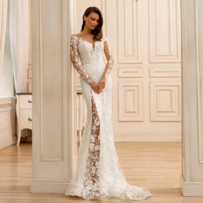 Lace Mermaid Wedding Dresses Long Sleeves Scoop Neck Lace Appliques Bridal Gowns - Image 1 of 4