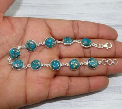 Pulseira de cobre azul turquesa prata esterlina 925 feita à mão joia presente para ela - Imagem 1 de 4