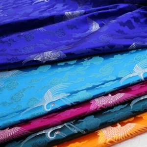 Faux Silk Satin Fabric Craft Brocade Damask Embroidery Retro Crane 75 100cm - Picture 1 of 20
