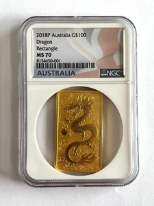 2018 P Australia 1 oz Gold Lunar Year of the Dragon Rectangle Bar $100 NGC MS 70 - Picture 1 of 2