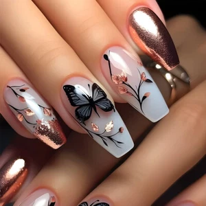 Long Coffin Press-On False Nail Butterfly Flowers Rosa Gold Shiny Manicure 24pcs - Picture 1 of 7
