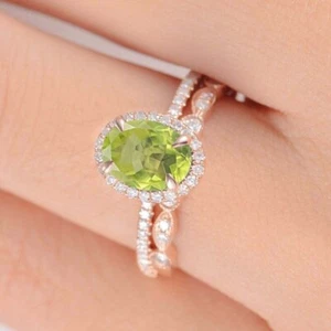 2Ct Oval Cut Lab-Created Peridot Wedding Bridal Ring Set 14k Rose Gold Plated - Picture 1 of 4