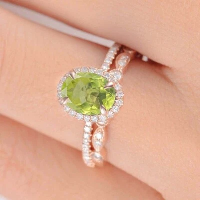 2Ct Oval Cut Lab-Created Peridot Wedding Bridal Ring Set 14k Rose Gold Plated - Image 1 of 4