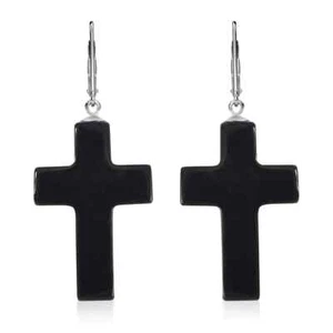 AMAZING!! Shungite Cross Dangle Earrings Rhodium Plated Sterling 39.00ctw - Picture 1 of 7