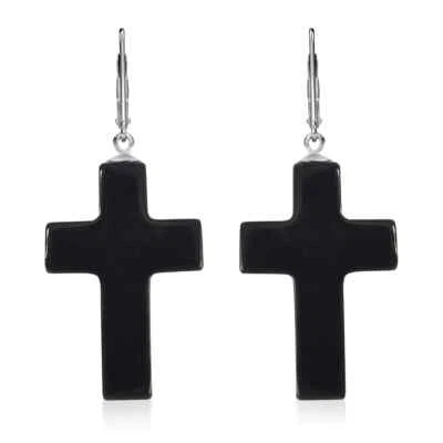 УДИВИТЕЛЬНО!! Висячие серьги с шунгитом и крестом из стерлингового серебра с родиевым покрытием 39,00 карата - Изображение 1 из 4