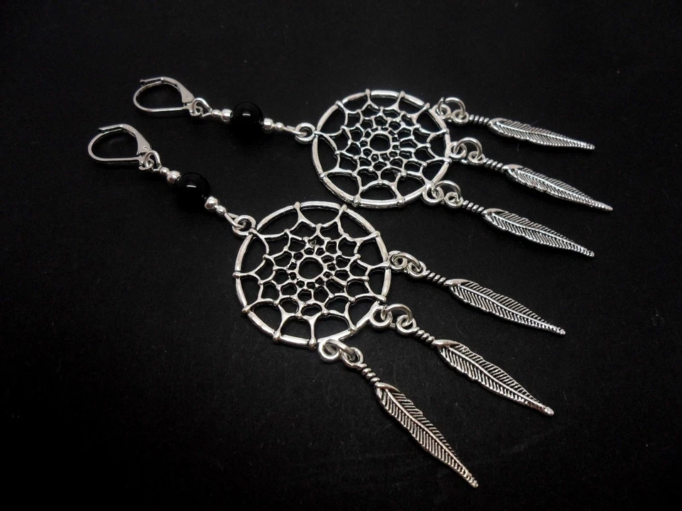 A PAIR OF LONG DANGLY ONYX BEAD DREAMCATCHER LEVERBACK HOOK EARRINGS. NEW. - Image 1 of 1