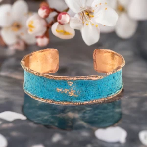 Solid Copper Rustic Narrow Cuff Bracelet With Molten Edging & Verdigris Patina - Picture 1 of 8