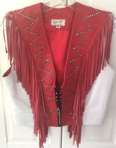 Kippys Vintage Leather Vest red white fringe Swarowski Crystal western cowgirl M - Picture 1 of 9