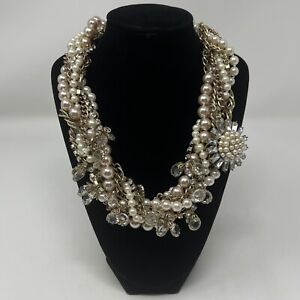 Stunning Statement Necklace Faux Pearl Crystal Gold Tone Removable Pin