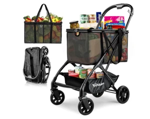 Folding Shopping Cart with Wheels, 80lbs Multi Use Grocery Carts with 360° Wheel - Picture 1 of 6