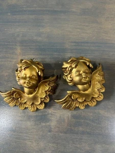Set 2 Vintage Engel Cherubs Wandbehang Plaketten Made in Italy 3" goldfarben - Bild 1 von 6