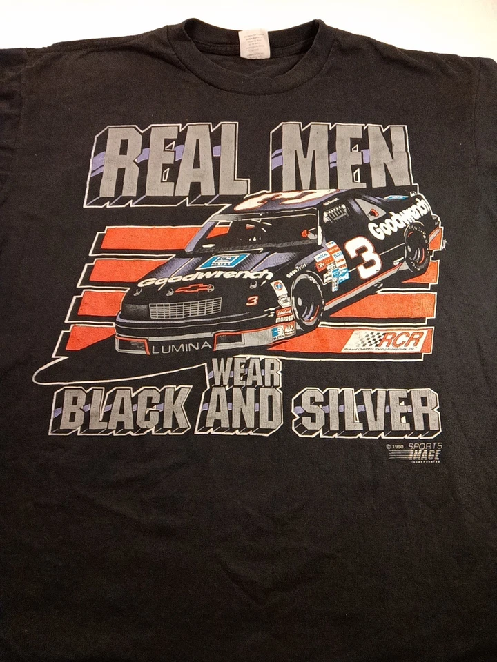 Camiseta de Colección 1990 Earnhardt Real Men Wear Negra y Plateada NASCAR XL Imagen Deportiva Foto 1 de 4