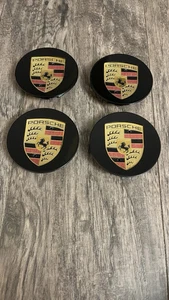4pcs Porsche Wheel Center Caps 911 Cayenne Panamera Cayman Black/Gold 76mm - Picture 1 of 3