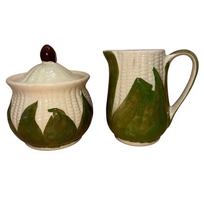 Juego de crema y azucarero vintage Corn King Shawnee EE. UU. con tapa blanco y verde Foto 1 de 4