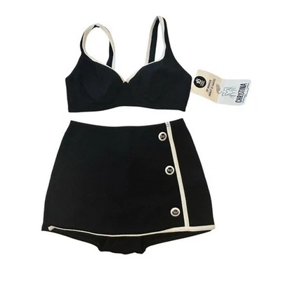 Christina Vintage Bikini 10 Contrast Trim Retro Pin Up Black Swimsuit Rockabilly - Image 1 of 4