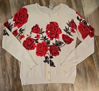 Cárdigan Melrose Chic NY Misses Pequeño Suéter Blanco con Rosas Rojas Foto 1 de 4