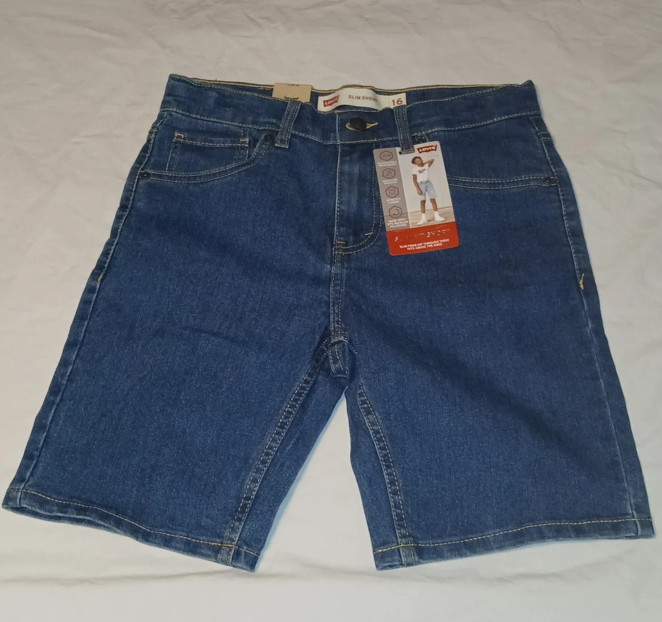 Shorts jeans Levi's masculino cintura ajustável slim fit lavagem escura média tamanho 16R - Imagem 1 de 4