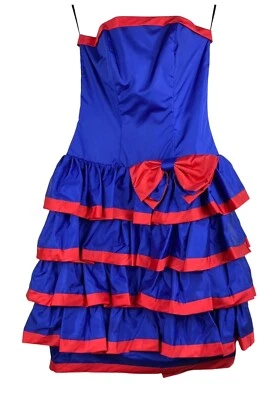 Vestido Colección Antonia Años 80 De Colección 4 Niveles Pequeños Volantes Azul Rojo Sin Tirantes Formal ^ Foto 1 de 4