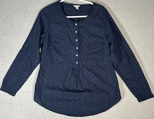 LL Bean Blouse Women’s Size S Reg Navy Blue Floral Jacquard Eyelet Long Sleeve - Picture 1 of 12