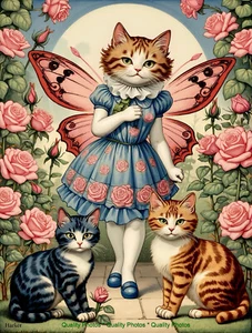 Hada de gato con rosas y gatos 8,5x11" impresión fotográfica estilo de Louis Wain / arte Harker - Imagen 1 de 1