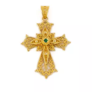 Ciondolo croce in filigrana oro 18 kt con smeraldo gioielli greci - Foto 1 di 9