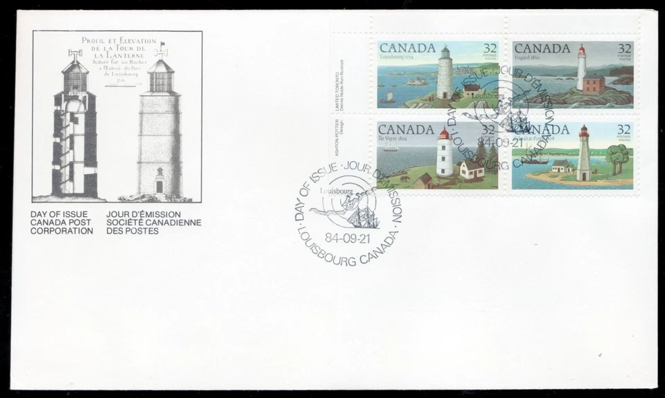 1984 / OFDC - Canada #1035a UL Pl Bl - Lighthouses, Sailing Ships, Architecture - Image 1 of 1