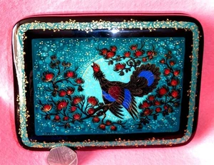Russian LACQUER Box Aqua Blue Capercaillie Grouse Cock of the Wood Kholui Orlova - Picture 1 of 9