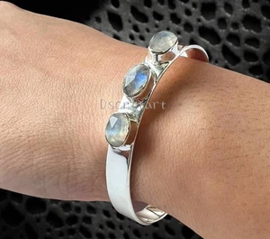 Moonstone Multi Stone Cuff bracelet 925 Sterling Silver handmade bangle - Picture 1 of 9