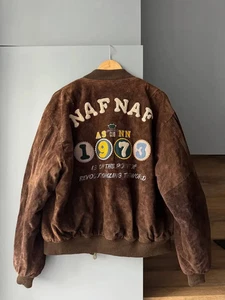 NAF NAF by Issey Miyake Men’s Leather Big Velour Logo Jacket - Picture 1 of 7