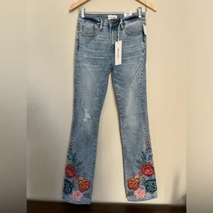 Neu mit Etikett Driftwood Kelly Bootcut-Boho-Denim-Jeans mit Blumenstickerei Größe 25 - Bild 1 von 12