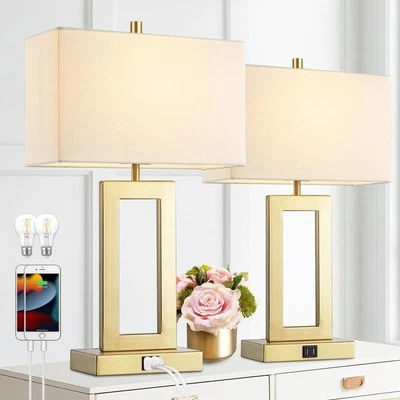 Gold Table Lamps Set of 2 with Dual USB Ports,3-Way Dimmable Touch Control Be... - Image 1 of 4