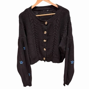 Dazy Damen schwarz Cropped Langarm Strickjacke Blume Größe Large Boho, Prärie - Bild 1 von 9