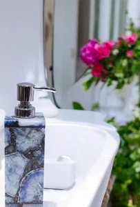 "Lujoso dispensador de jabón de piedra de ágata azul de 5"" elegancia artesanal para tu hogar" - Imagen 1 de 7