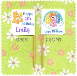 20 PERSONALISED CARE BEAR CUP CAKE FLAG Party Pick Food Topper Birthday - Picture 1 of 2