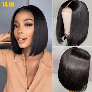 Black Straight Hair Heat Resistant Short Bob Glueless Synthetic Lace Front Wigs - Picture 1 of 13