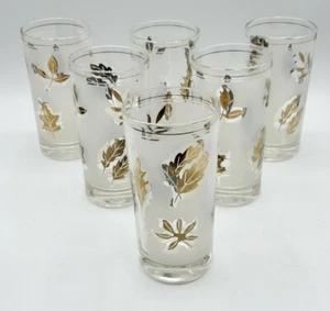 Lot of 6 Vintage Libbey Glasses Golden Foliage Frosted Gold Leaf 5.5" Tall 16oz - Picture 1 of 6