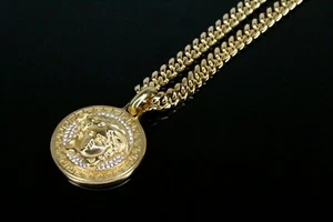PDJ 14k Gold Finish Medusa Pendant w/ Cuban Miami Chain Necklace Lab Diamonds - Picture 1 of 6