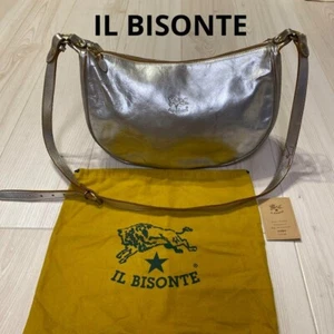 IL BISONTE Half Moon Shoulder Bag Leather Silver H8.66" × W12.2" with Dust Bag - Picture 1 of 8
