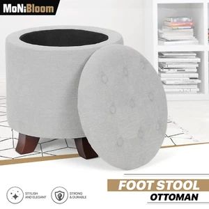 Reposapiés elevador otomano de almacenamiento redondo gris acolchado de 17" para sala de estar con patas de madera - Imagen 1 de 9