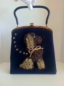 Borsa vintage Souré New York borsetta metallo perline anni 50 BARBONCINO CANE blu navy manico superiore - Foto 1 di 15